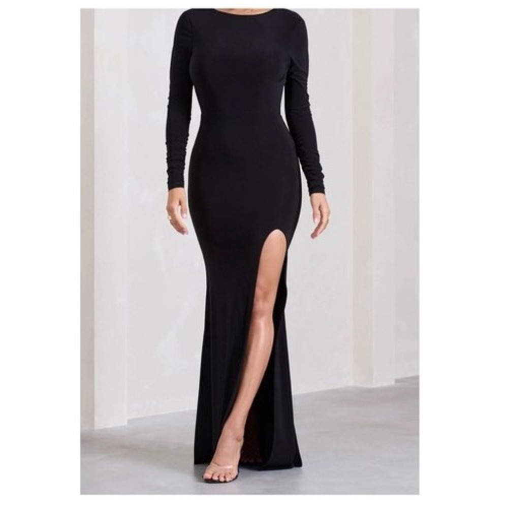 Twenty Maxi Dress Womens Black Long Sleeve High Slit Modal NV5C-033 Minimalist